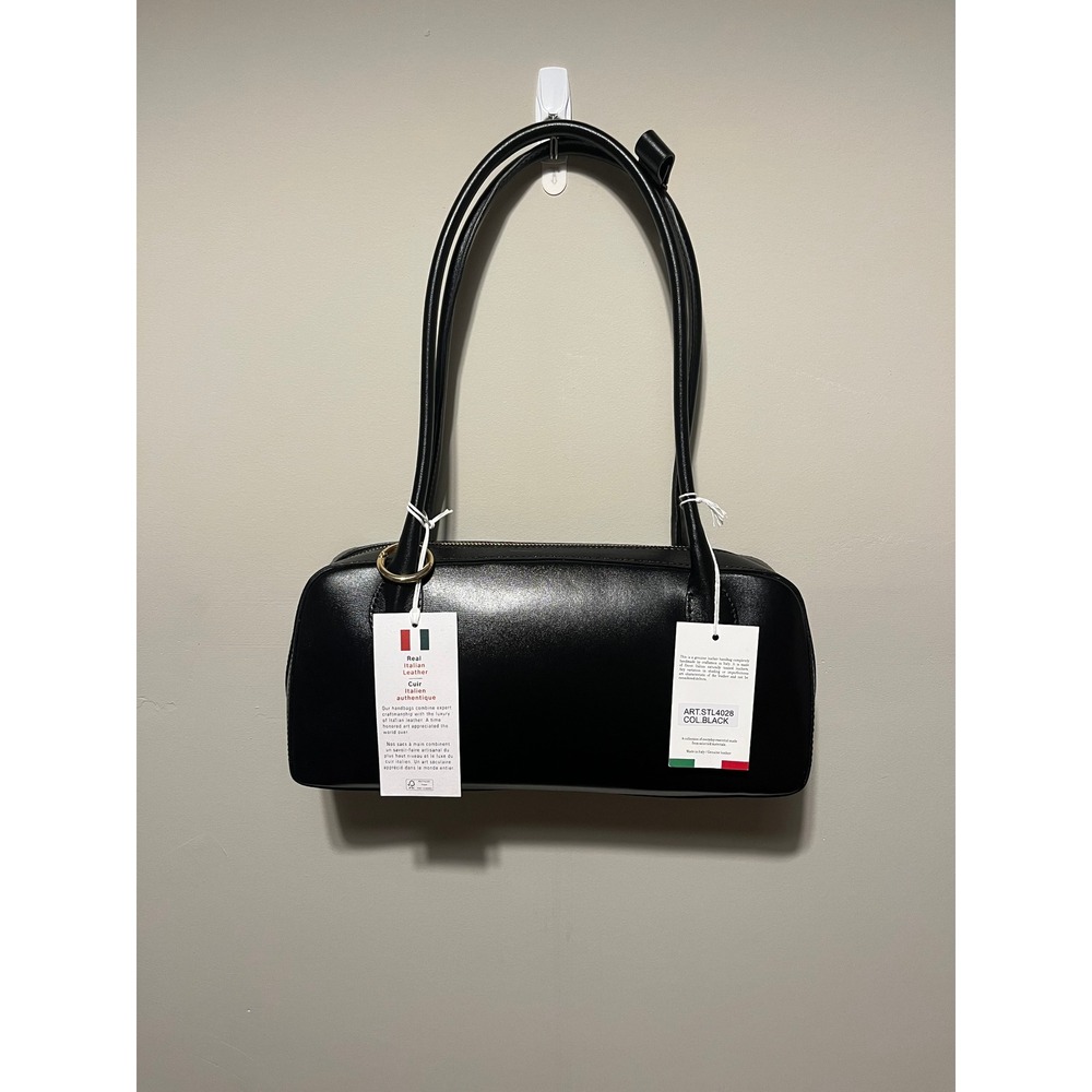 Isadora Italian Leather Shoulder Bag Black Minimalist Baguette STL4028 NWT